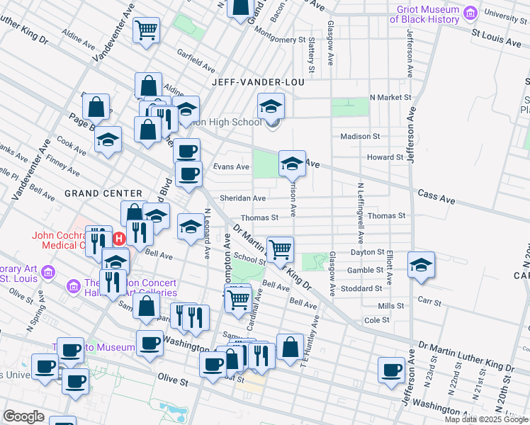 map of restaurants, bars, coffee shops, grocery stores, and more near 3047 Thomas Street in St. Louis