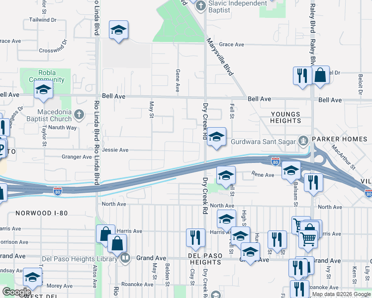 map of restaurants, bars, coffee shops, grocery stores, and more near 4200 Clay Creek Way in Sacramento