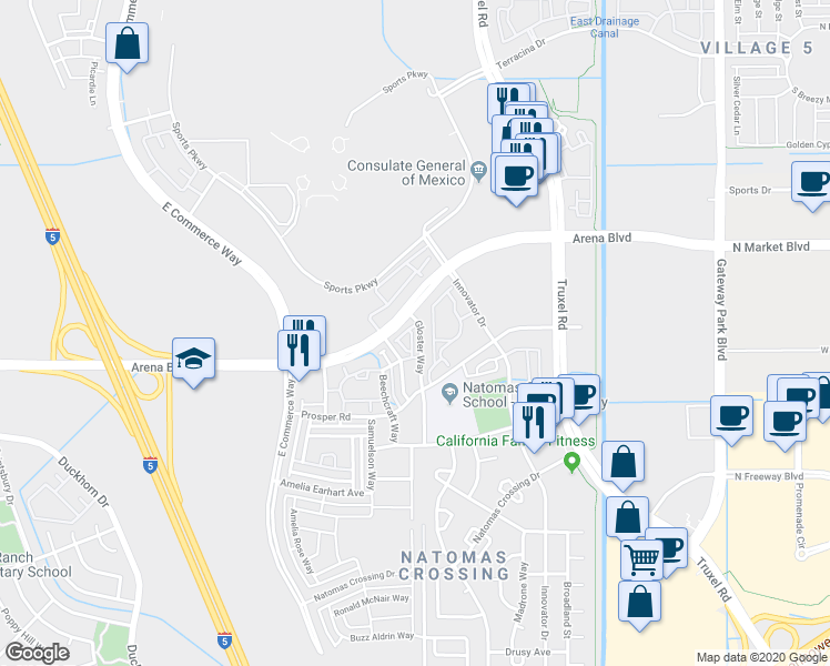 map of restaurants, bars, coffee shops, grocery stores, and more near 2408 Arena Boulevard in Sacramento