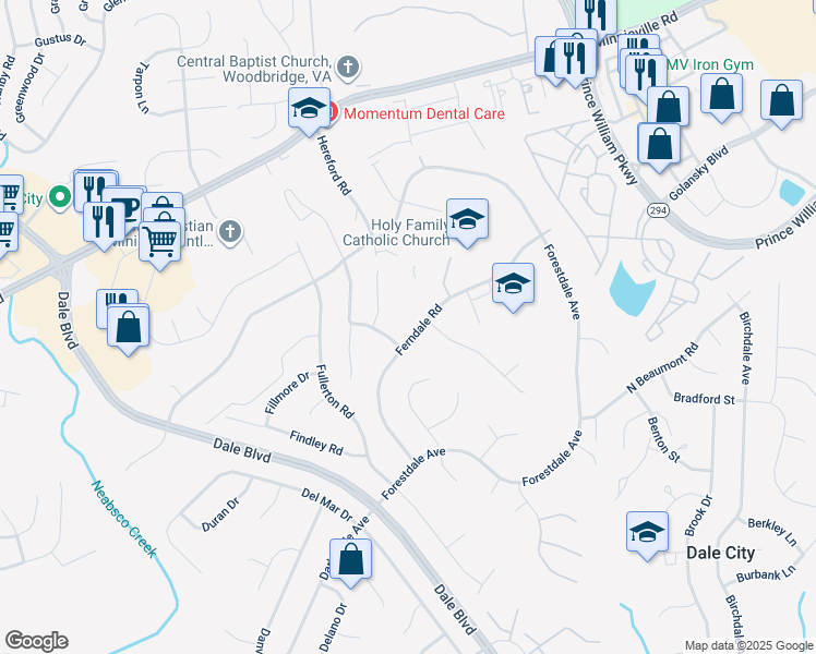 map of restaurants, bars, coffee shops, grocery stores, and more near 14214 Ferndale Road in Woodbridge