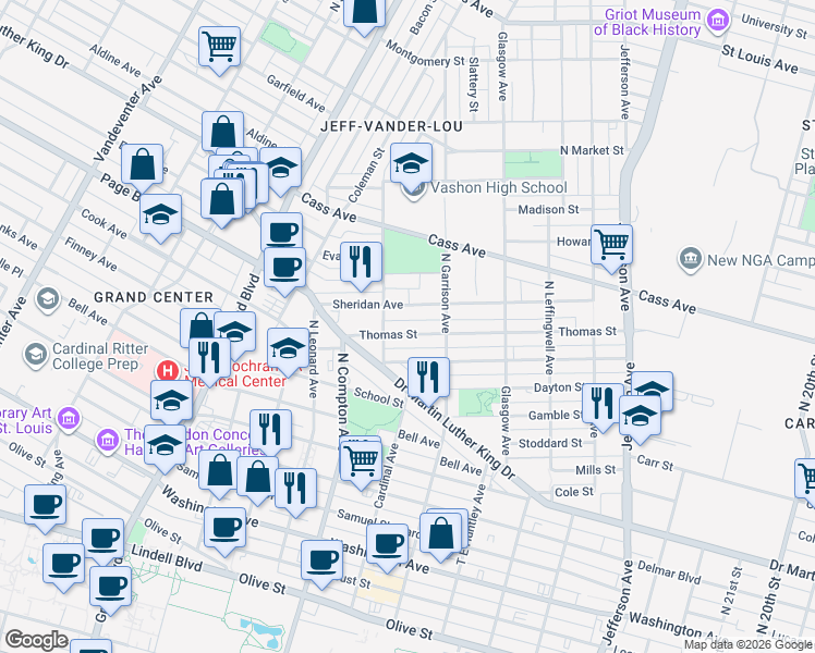 map of restaurants, bars, coffee shops, grocery stores, and more near 3054 Sheridan Avenue in St. Louis