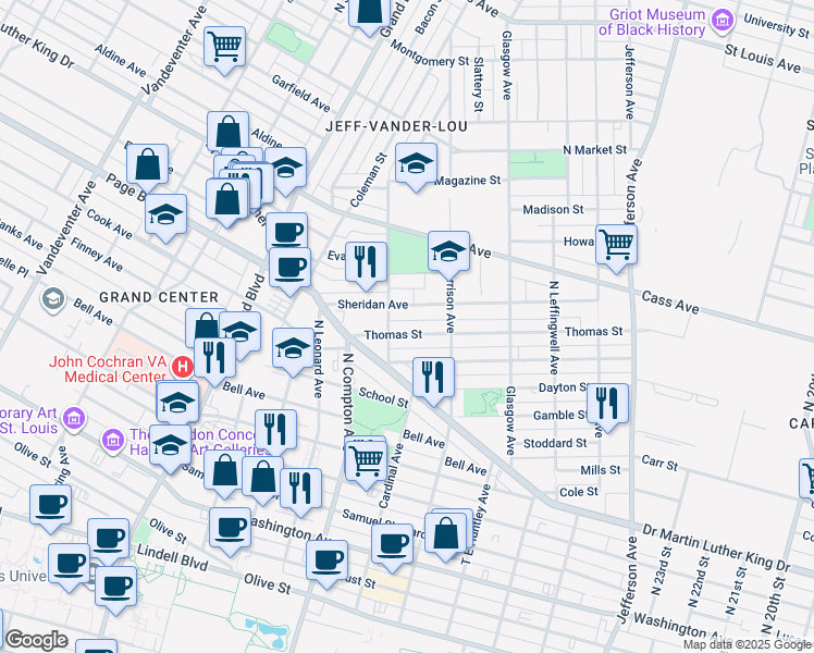 map of restaurants, bars, coffee shops, grocery stores, and more near 3054 Sheridan Avenue in St. Louis