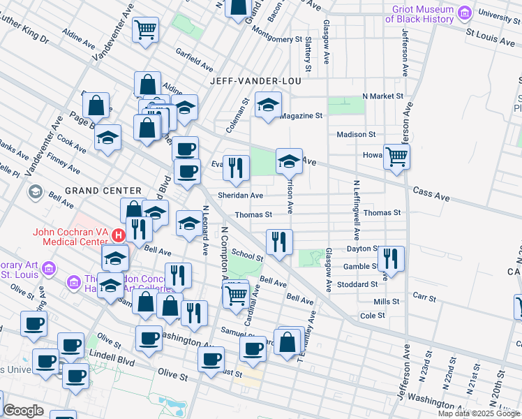 map of restaurants, bars, coffee shops, grocery stores, and more near 3054 Sheridan Avenue in St. Louis