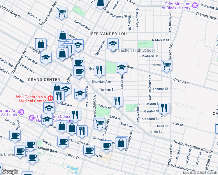 map of restaurants, bars, coffee shops, grocery stores, and more near 3054 Sheridan Avenue in St. Louis