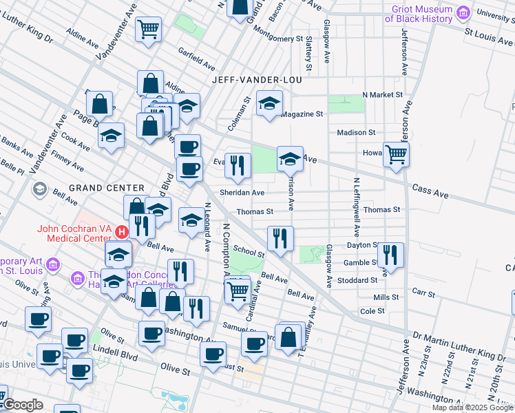 map of restaurants, bars, coffee shops, grocery stores, and more near 3054 Sheridan Avenue in St. Louis