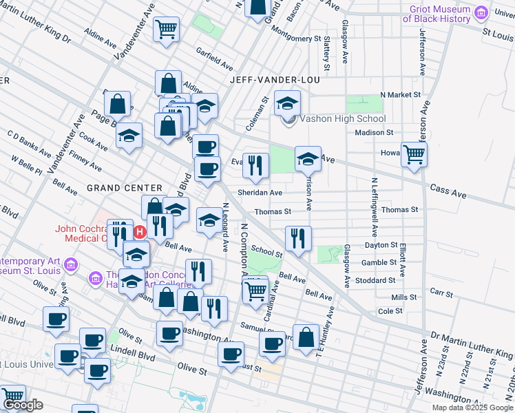 map of restaurants, bars, coffee shops, grocery stores, and more near 3114 Sheridan Avenue in St. Louis