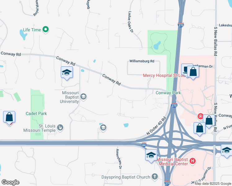 map of restaurants, bars, coffee shops, grocery stores, and more near 12418 Conway Road in Creve Coeur