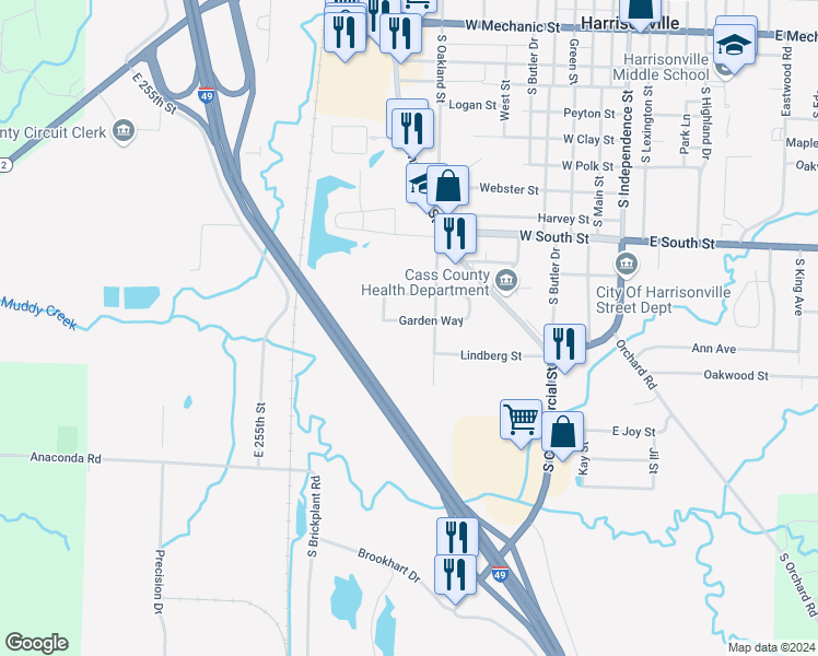 map of restaurants, bars, coffee shops, grocery stores, and more near 1018 Garden Way in Harrisonville