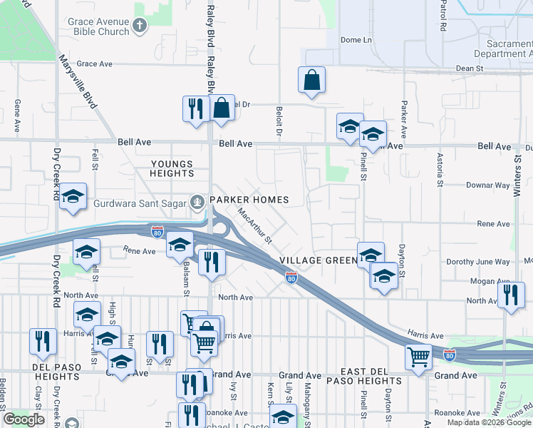 map of restaurants, bars, coffee shops, grocery stores, and more near 105 Tinker Way in Sacramento