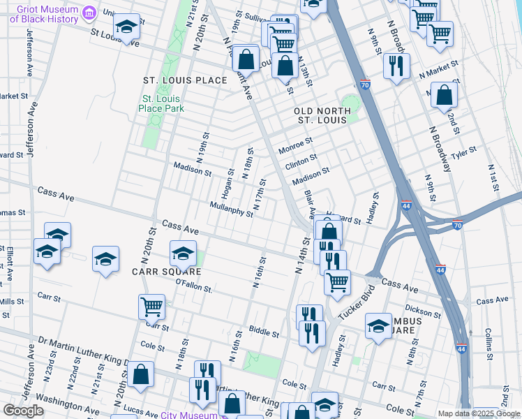 map of restaurants, bars, coffee shops, grocery stores, and more near 1608 North 17th Street in St. Louis