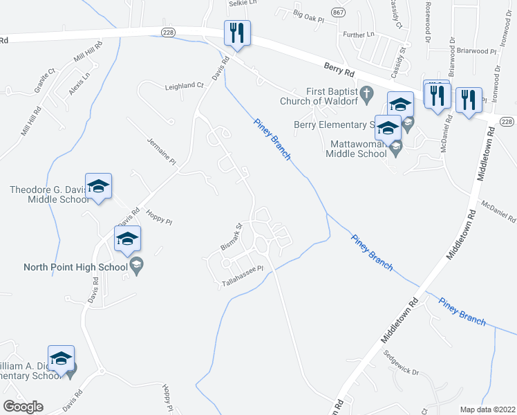 map of restaurants, bars, coffee shops, grocery stores, and more near 2650 Lacrosse Place in Waldorf