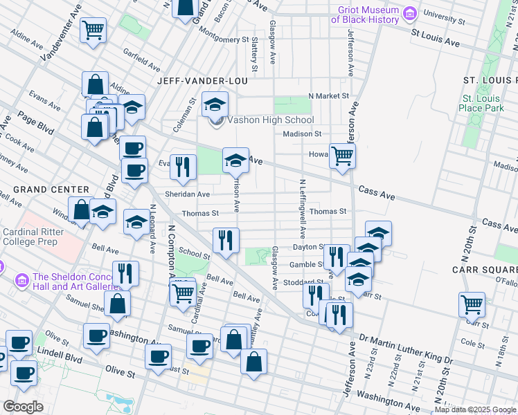 map of restaurants, bars, coffee shops, grocery stores, and more near 2921 Thomas Street in St. Louis