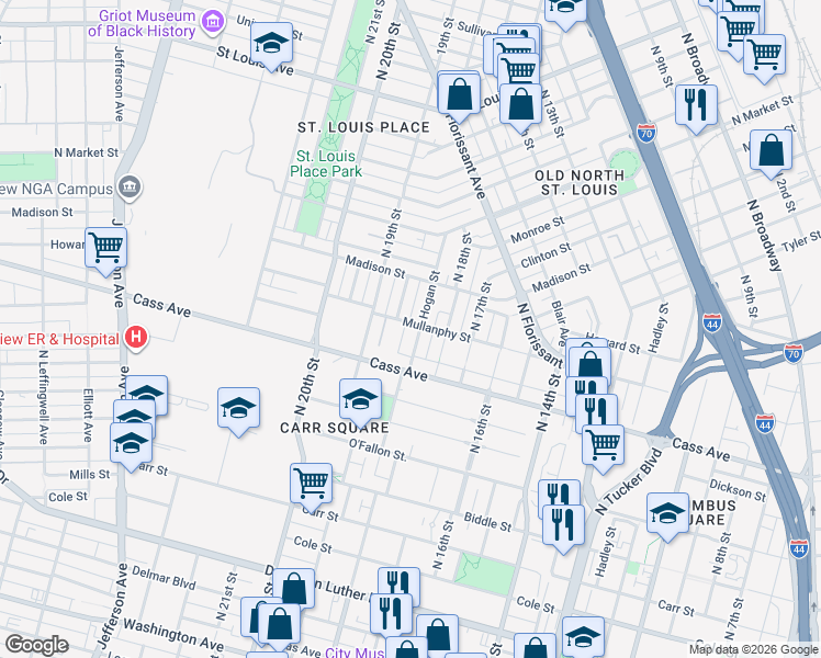 map of restaurants, bars, coffee shops, grocery stores, and more near 1612 Hogan Street in St. Louis