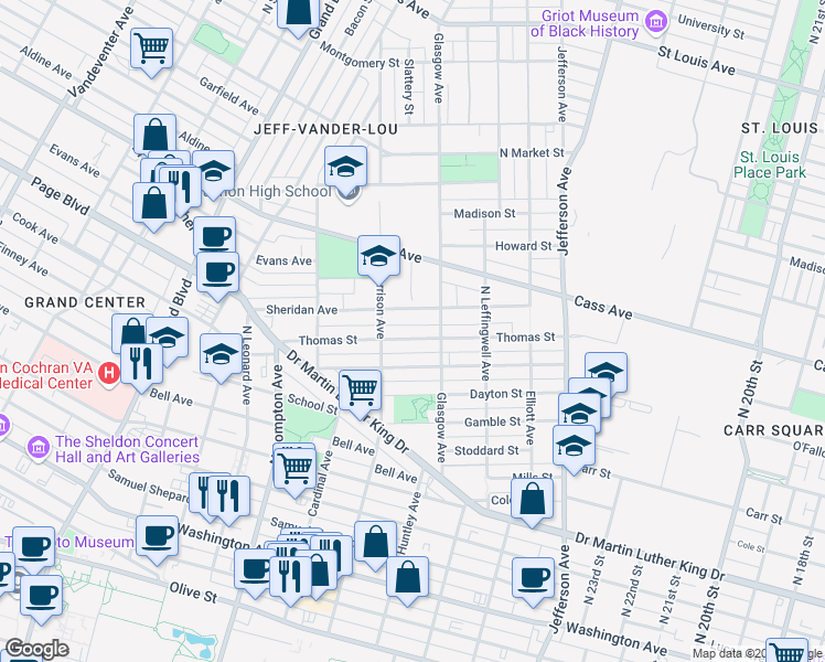map of restaurants, bars, coffee shops, grocery stores, and more near 2927 Thomas Street in St. Louis