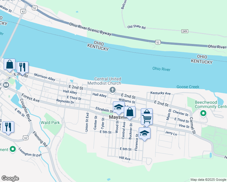 map of restaurants, bars, coffee shops, grocery stores, and more near 915 East 2nd Street in Maysville