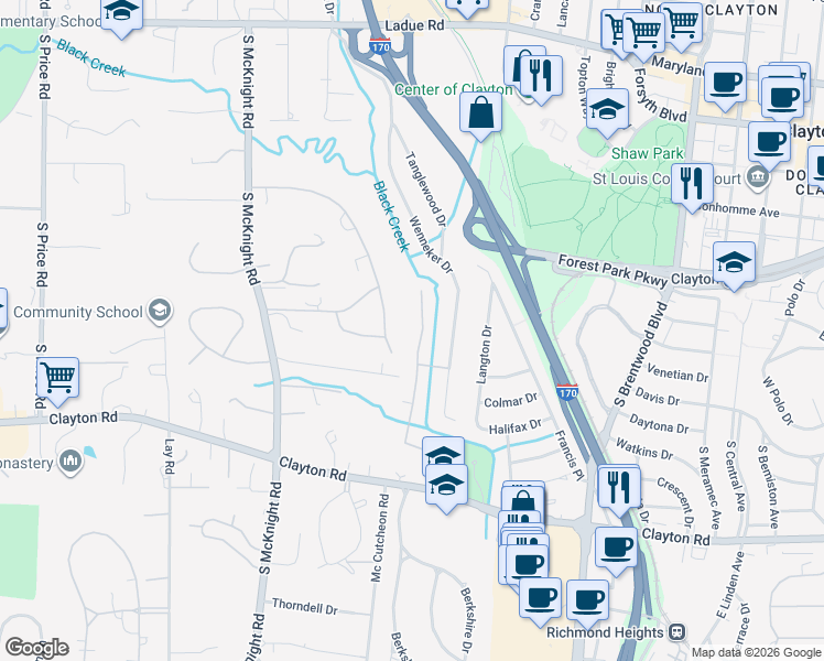 map of restaurants, bars, coffee shops, grocery stores, and more near 719 Louwen Drive in St. Louis