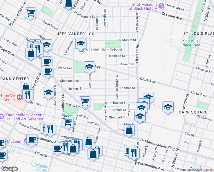 map of restaurants, bars, coffee shops, grocery stores, and more near 2839 Thomas Street in St. Louis