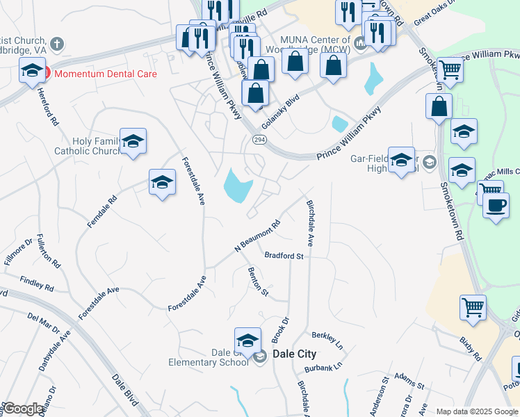 map of restaurants, bars, coffee shops, grocery stores, and more near 14184 Cuddy Loop in Woodbridge