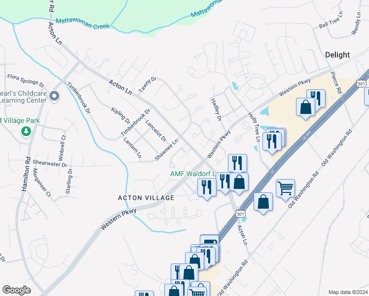 map of restaurants, bars, coffee shops, grocery stores, and more near 11780 Majestic Place in Waldorf