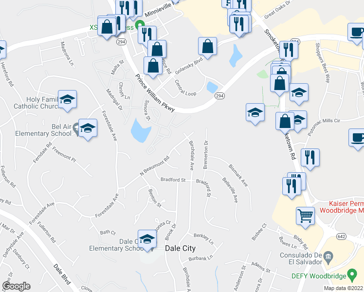 map of restaurants, bars, coffee shops, grocery stores, and more near 3305 Beaumont Road in Woodbridge