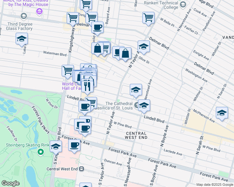 map of restaurants, bars, coffee shops, grocery stores, and more near 4515 Maryland Avenue in St. Louis