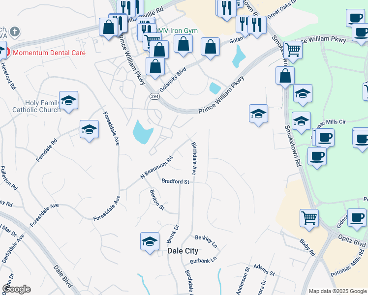 map of restaurants, bars, coffee shops, grocery stores, and more near 3305 Beaumont Road in Woodbridge