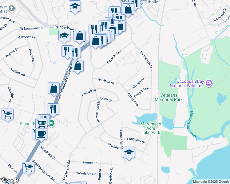 map of restaurants, bars, coffee shops, grocery stores, and more near 14116 Randall Drive in Woodbridge