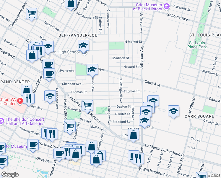 map of restaurants, bars, coffee shops, grocery stores, and more near 1356 Glasgow Avenue in St. Louis