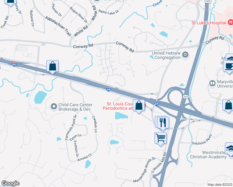 map of restaurants, bars, coffee shops, grocery stores, and more near 14528 South Outer Forty in Chesterfield