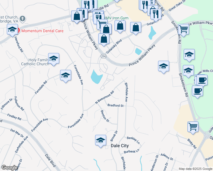 map of restaurants, bars, coffee shops, grocery stores, and more near 14184 Cuddy Loop in Woodbridge