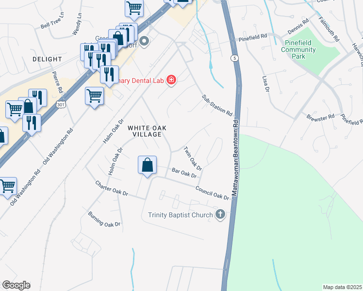 map of restaurants, bars, coffee shops, grocery stores, and more near 1761 Red Oak Lane in Waldorf