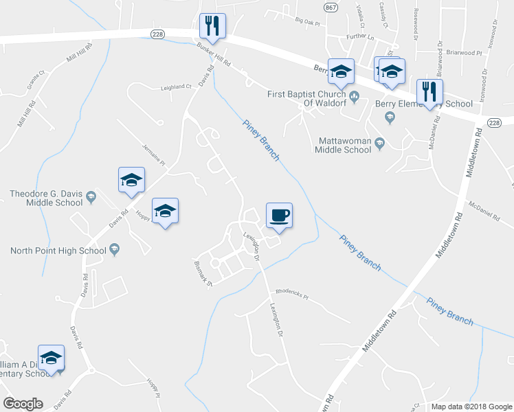 map of restaurants, bars, coffee shops, grocery stores, and more near 2623 Lacrosse Place in Waldorf