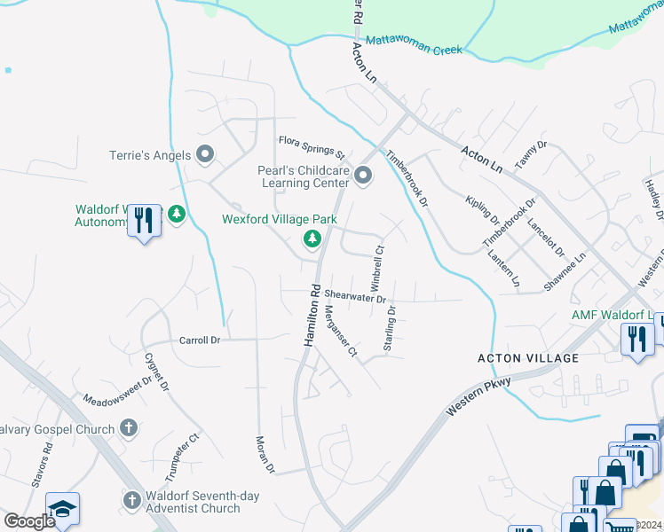 map of restaurants, bars, coffee shops, grocery stores, and more near 2501 Dowitcher Court in Waldorf