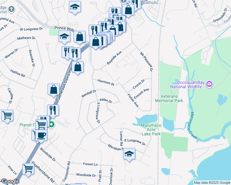 map of restaurants, bars, coffee shops, grocery stores, and more near 14116 Randall Drive in Woodbridge
