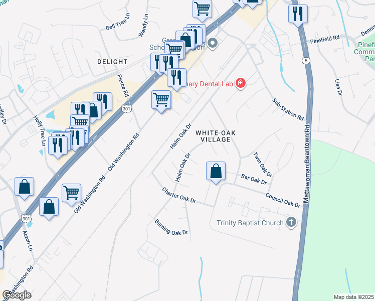 map of restaurants, bars, coffee shops, grocery stores, and more near 2204 Holly Oak Court in Waldorf