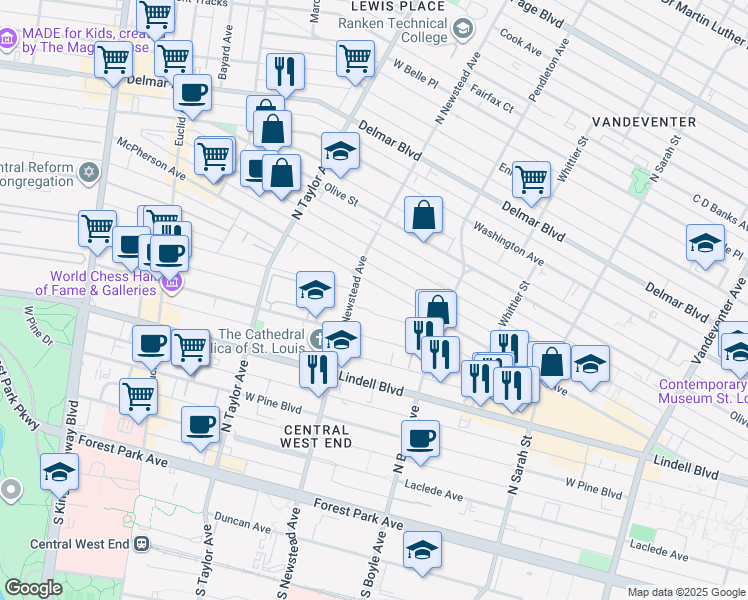 map of restaurants, bars, coffee shops, grocery stores, and more near 4380 McPherson Avenue in St. Louis
