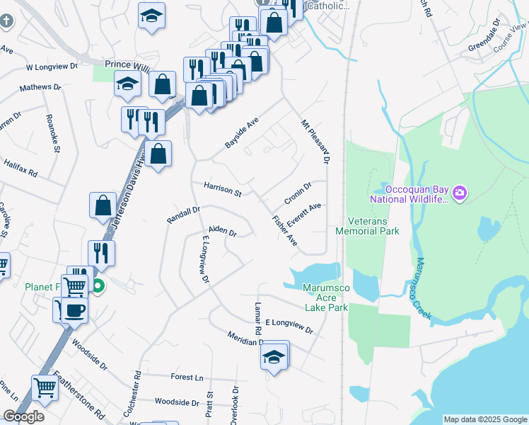 map of restaurants, bars, coffee shops, grocery stores, and more near 14208 Fisher Avenue in Woodbridge