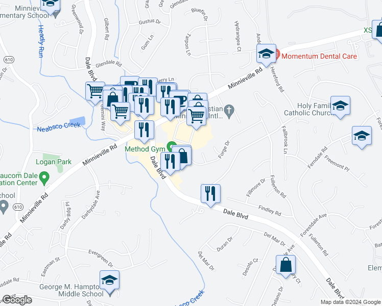 map of restaurants, bars, coffee shops, grocery stores, and more near 4026 Forge Drive in Woodbridge