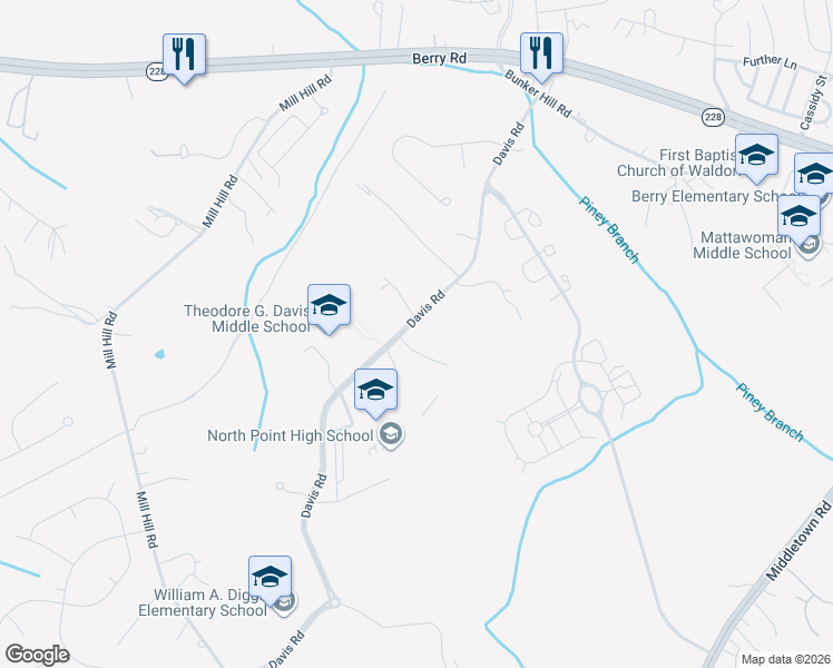 map of restaurants, bars, coffee shops, grocery stores, and more near 2460 Davis Road in Waldorf