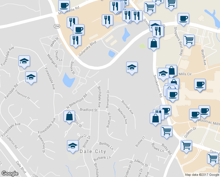 map of restaurants, bars, coffee shops, grocery stores, and more near 14215 Bremerton Drive in Woodbridge
