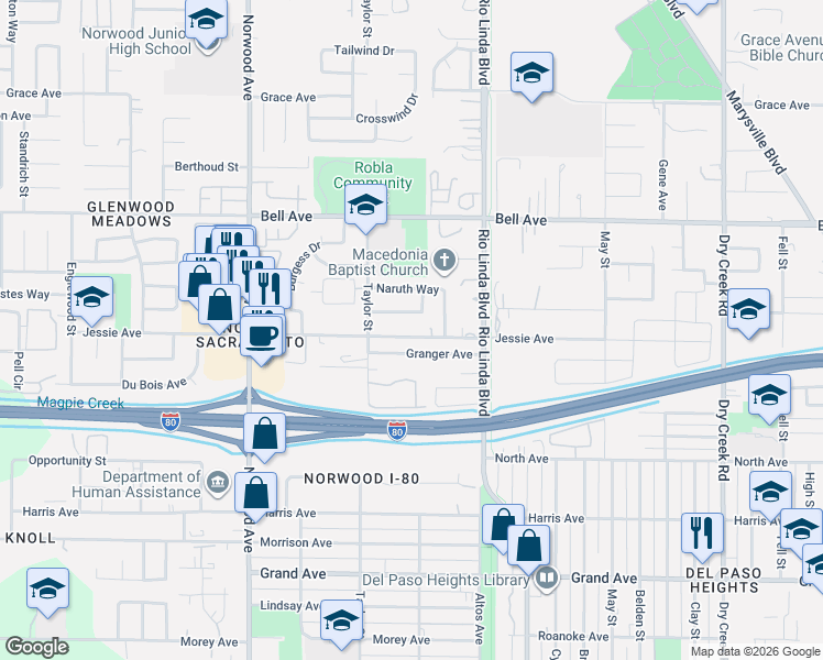 map of restaurants, bars, coffee shops, grocery stores, and more near 642 Regginald Way in Sacramento