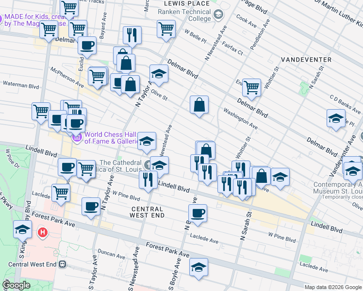 map of restaurants, bars, coffee shops, grocery stores, and more near 4380 McPherson Avenue in St. Louis