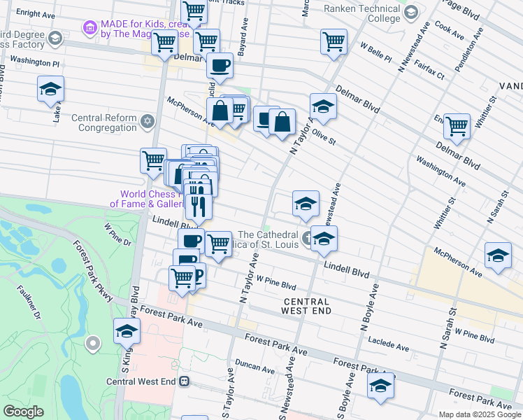 map of restaurants, bars, coffee shops, grocery stores, and more near 4515 Maryland Avenue in St. Louis