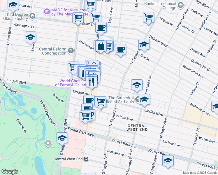 map of restaurants, bars, coffee shops, grocery stores, and more near 4611 Maryland Avenue in St. Louis