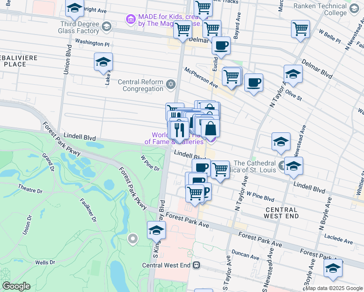 map of restaurants, bars, coffee shops, grocery stores, and more near 232 Kingshighway Boulevard in St. Louis