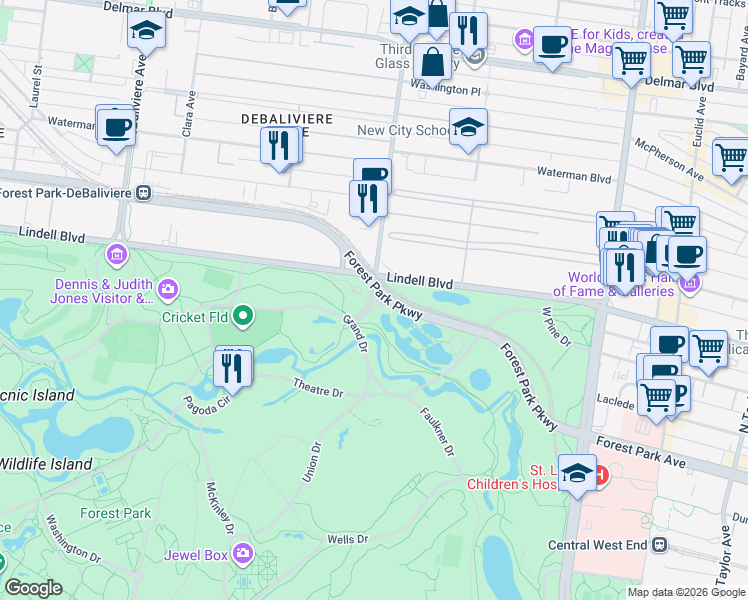 map of restaurants, bars, coffee shops, grocery stores, and more near Forest Park Parkway in St. Louis