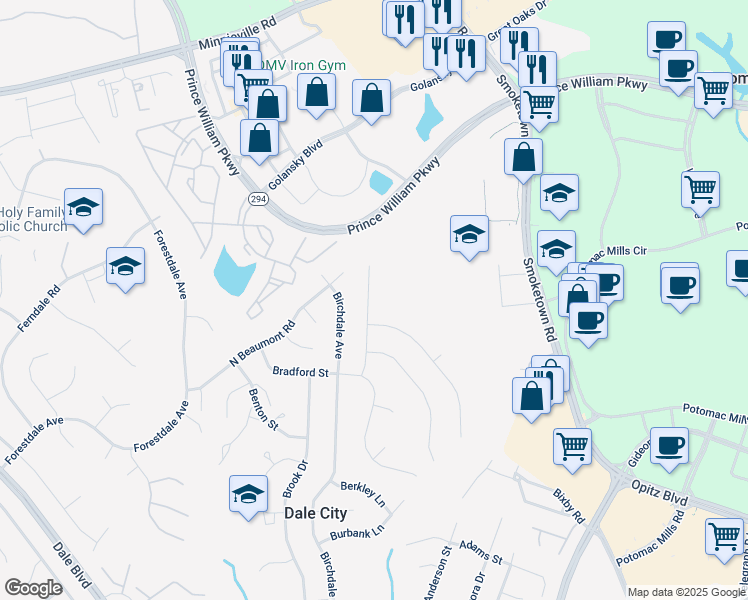 map of restaurants, bars, coffee shops, grocery stores, and more near 14215 Bremerton Drive in Woodbridge