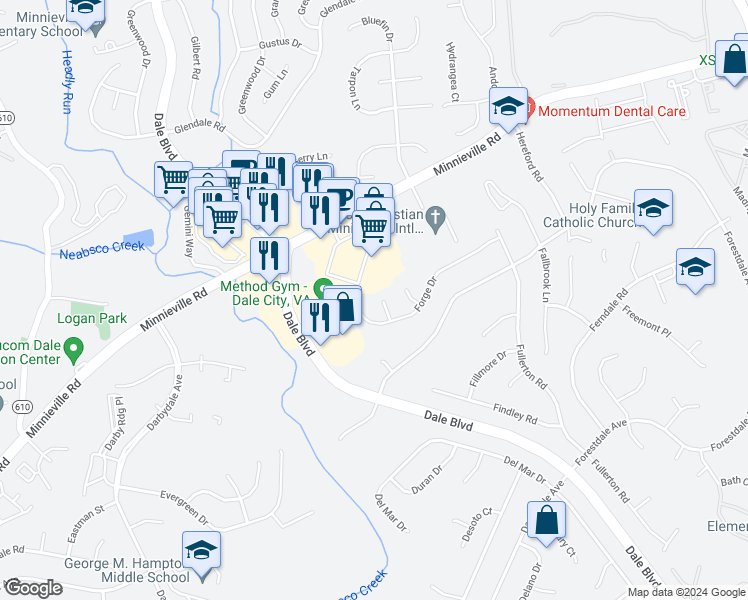 map of restaurants, bars, coffee shops, grocery stores, and more near 14252 Farmer Court in Woodbridge