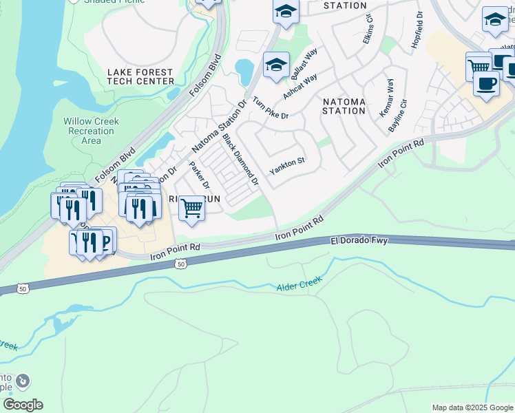 map of restaurants, bars, coffee shops, grocery stores, and more near 1051 Black Diamond Drive in Folsom