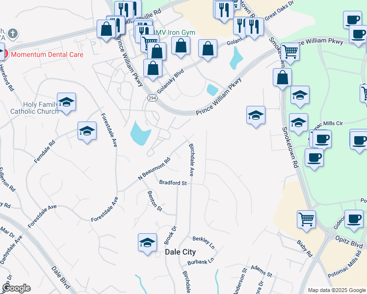 map of restaurants, bars, coffee shops, grocery stores, and more near 3303 Beaumont Road in Woodbridge